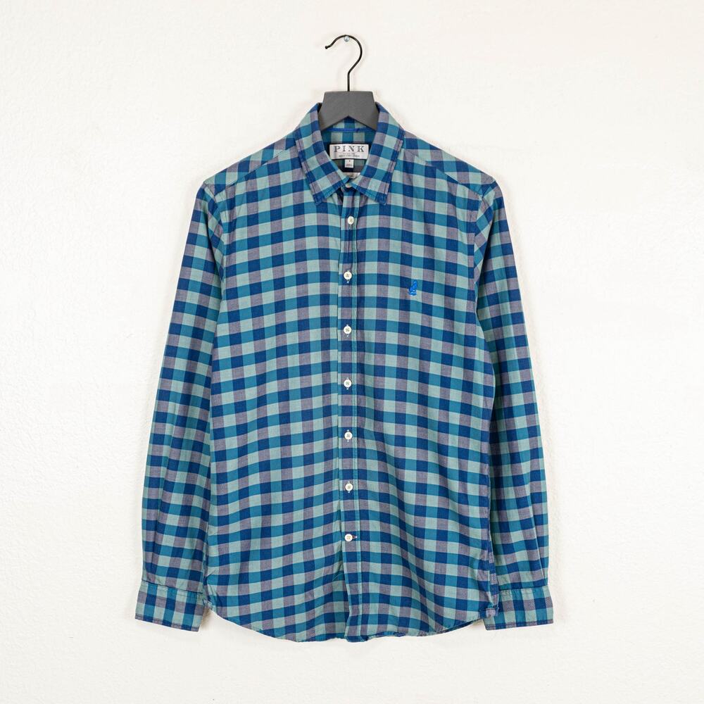 Thomas PINK Men's Casual fit Button up Shirt fox logo Blue check size Small